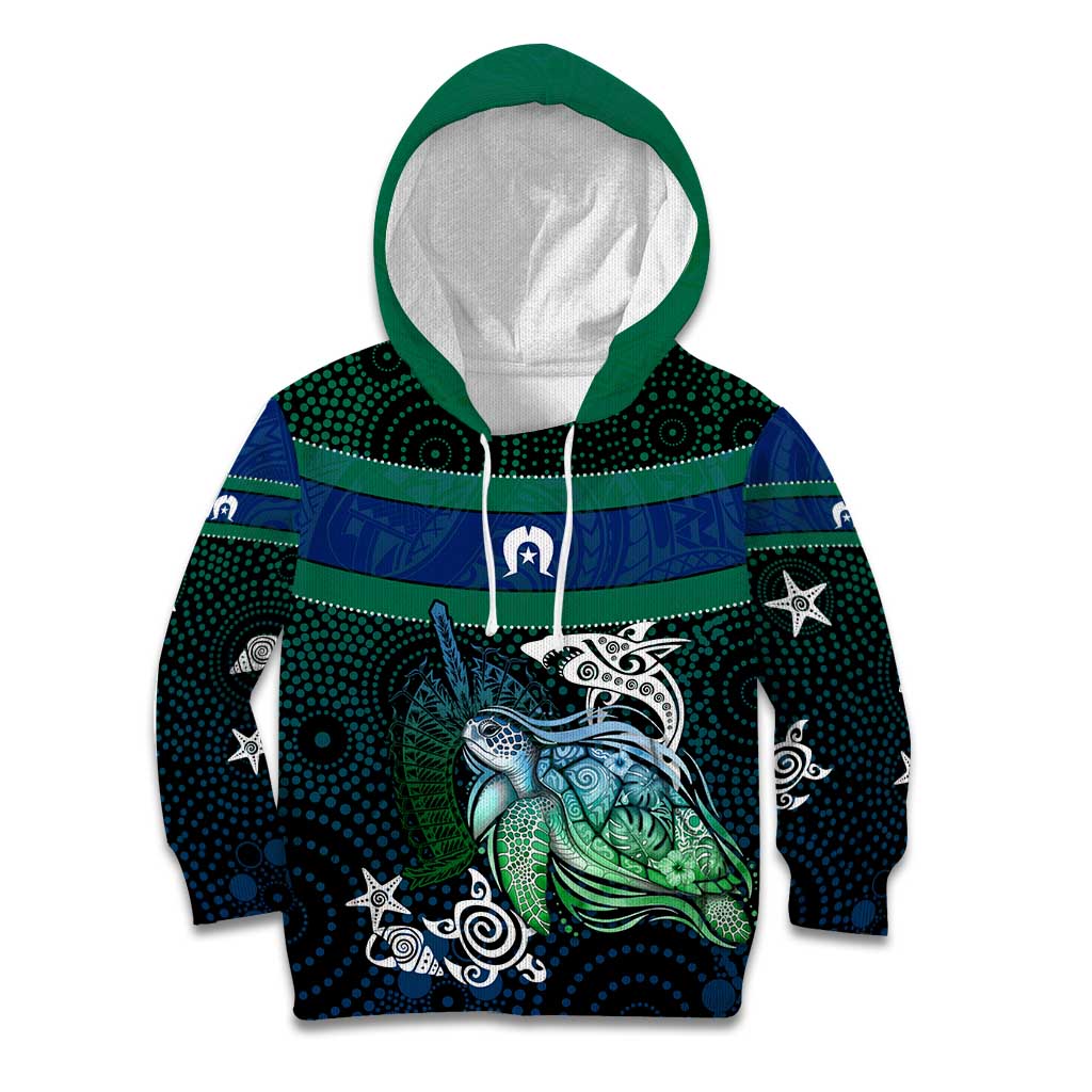 Torres Strait Islands Sea Turtle and Dhari Kid Hoodie Oceanic Indigenous Dotwork Tribal Illustration