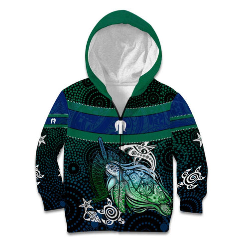Torres Strait Islands Sea Turtle and Dhari Kid Hoodie Oceanic Indigenous Dotwork Tribal Illustration