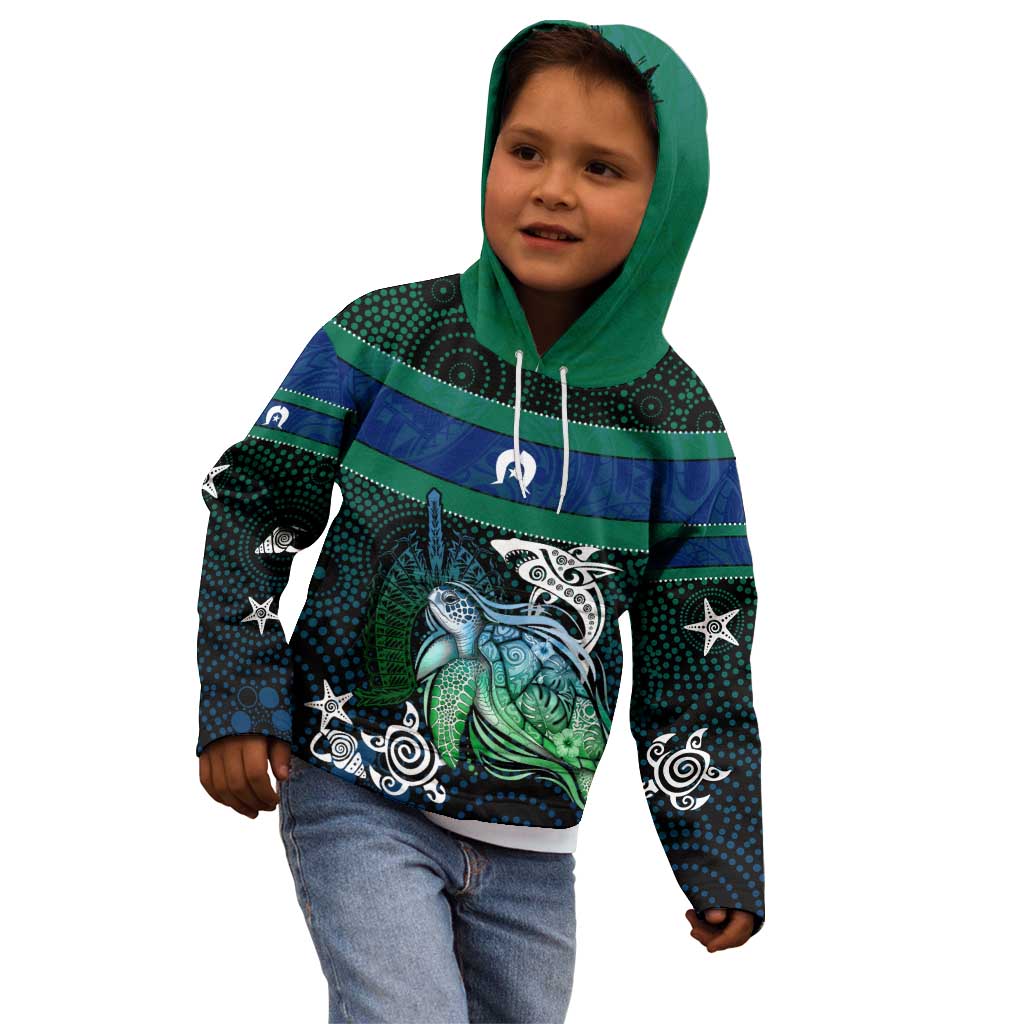 Torres Strait Islands Sea Turtle and Dhari Kid Hoodie Oceanic Indigenous Dotwork Tribal Illustration