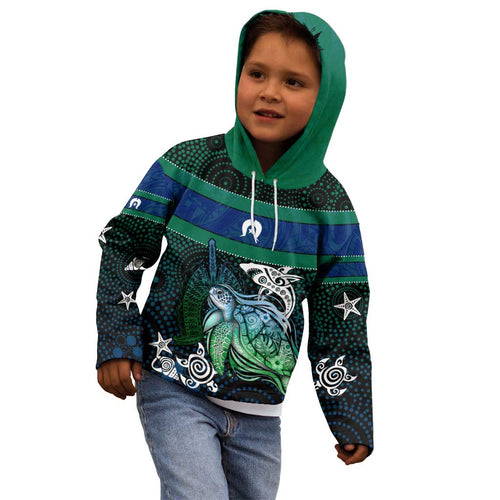 Torres Strait Islands Sea Turtle and Dhari Kid Hoodie Oceanic Indigenous Dotwork Tribal Illustration