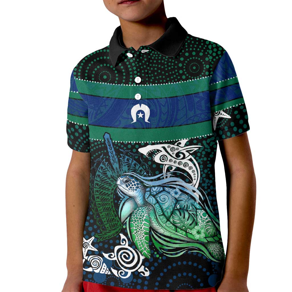 Torres Strait Islands Sea Turtle and Dhari Kid Polo Shirt Oceanic Indigenous Dotwork Tribal Illustration