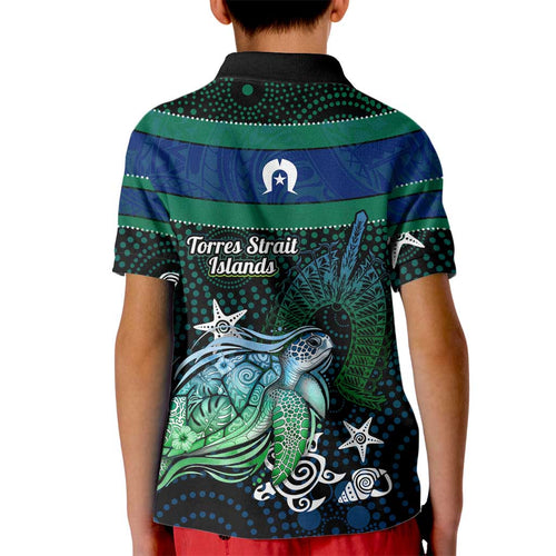 Torres Strait Islands Sea Turtle and Dhari Kid Polo Shirt Oceanic Indigenous Dotwork Tribal Illustration