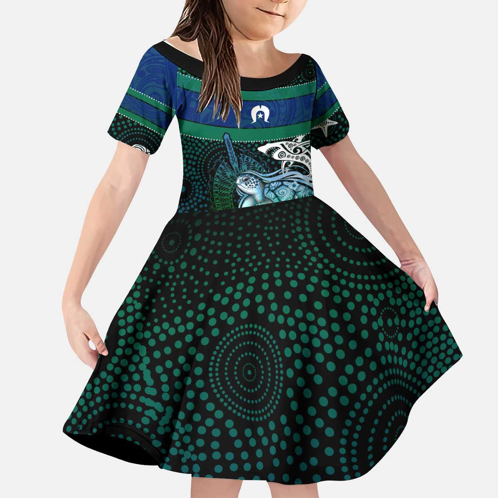 Torres Strait Islands Sea Turtle and Dhari Kid Short Sleeve Dress Oceanic Indigenous Dotwork Tribal Illustration