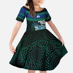 Torres Strait Islands Sea Turtle and Dhari Kid Short Sleeve Dress Oceanic Indigenous Dotwork Tribal Illustration