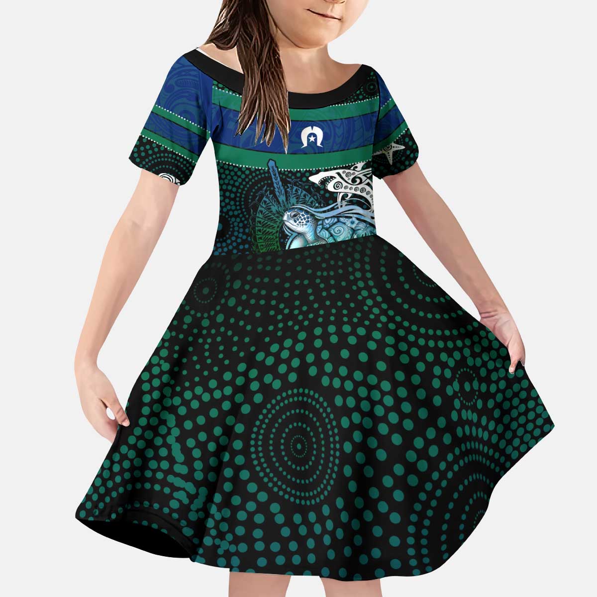 Torres Strait Islands Sea Turtle and Dhari Kid Short Sleeve Dress Oceanic Indigenous Dotwork Tribal Illustration