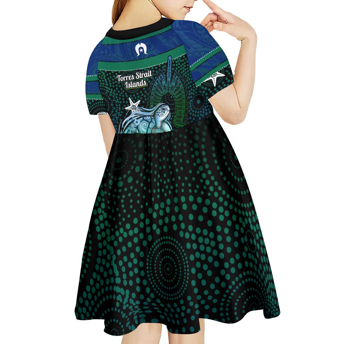 Torres Strait Islands Sea Turtle and Dhari Kid Short Sleeve Dress Oceanic Indigenous Dotwork Tribal Illustration
