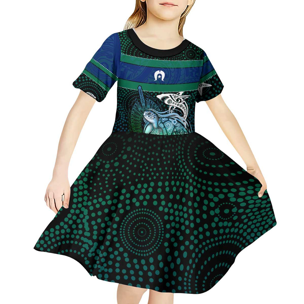 Torres Strait Islands Sea Turtle and Dhari Kid Short Sleeve Dress Oceanic Indigenous Dotwork Tribal Illustration
