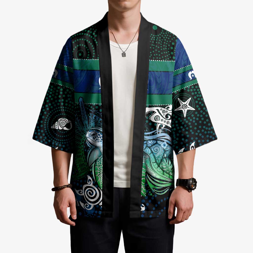 Torres Strait Islands Sea Turtle and Dhari Kimono Oceanic Indigenous Dotwork Tribal Illustration