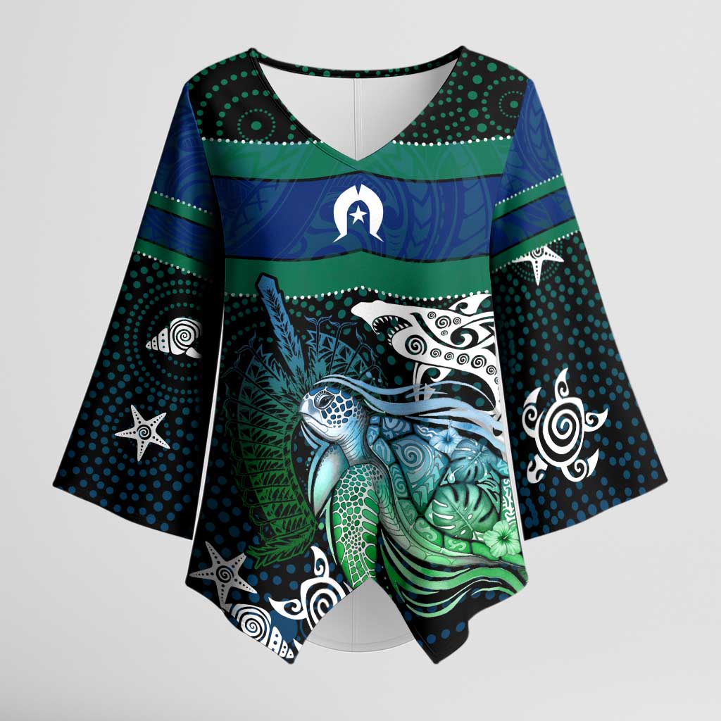 Torres Strait Islands Sea Turtle and Dhari Kimono Sleeve Blouse Oceanic Indigenous Dotwork Tribal Illustration