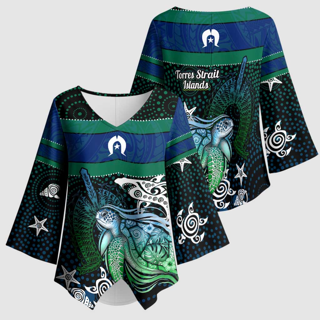 Torres Strait Islands Sea Turtle and Dhari Kimono Sleeve Blouse Oceanic Indigenous Dotwork Tribal Illustration