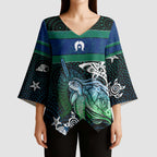 Torres Strait Islands Sea Turtle and Dhari Kimono Sleeve Blouse Oceanic Indigenous Dotwork Tribal Illustration