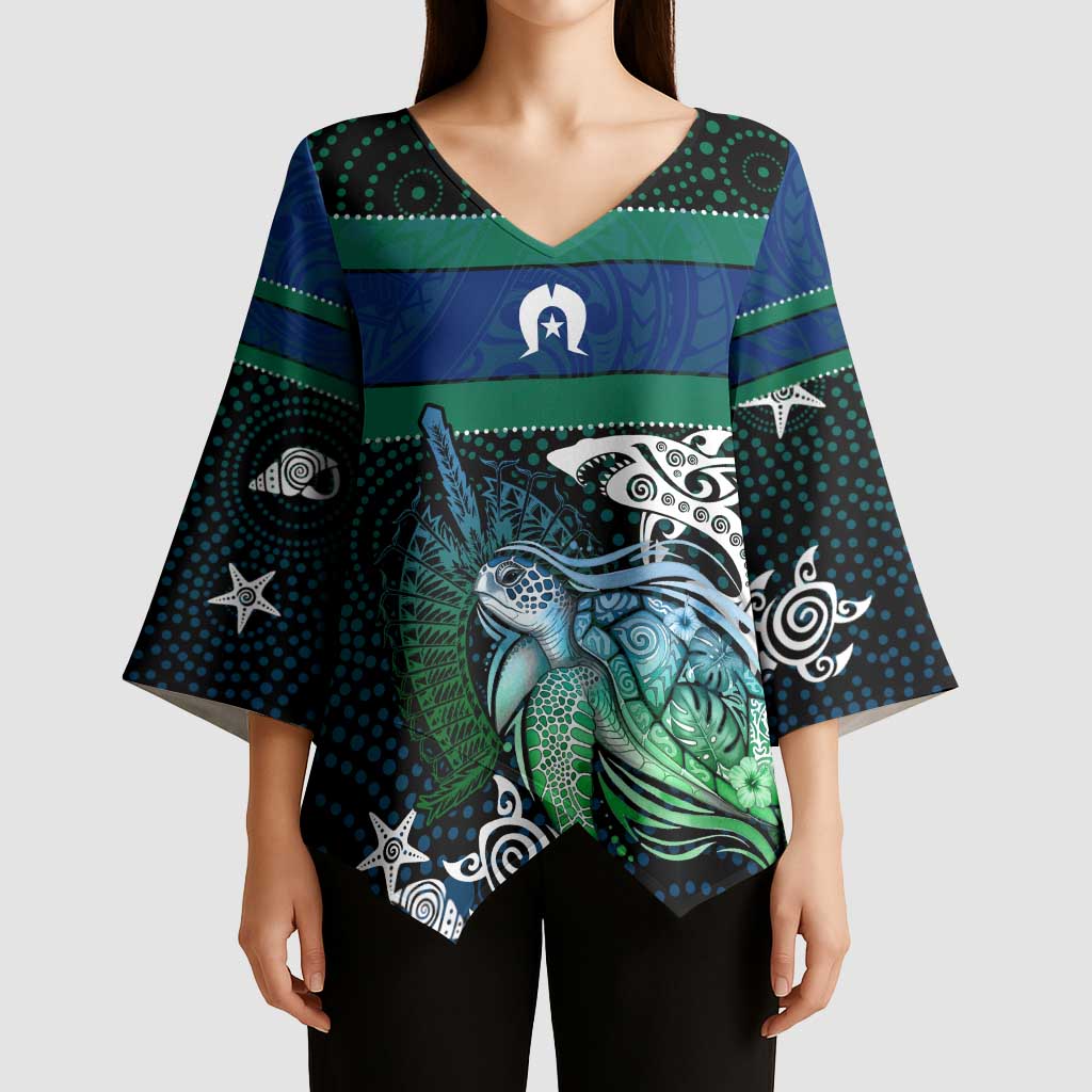 Torres Strait Islands Sea Turtle and Dhari Kimono Sleeve Blouse Oceanic Indigenous Dotwork Tribal Illustration