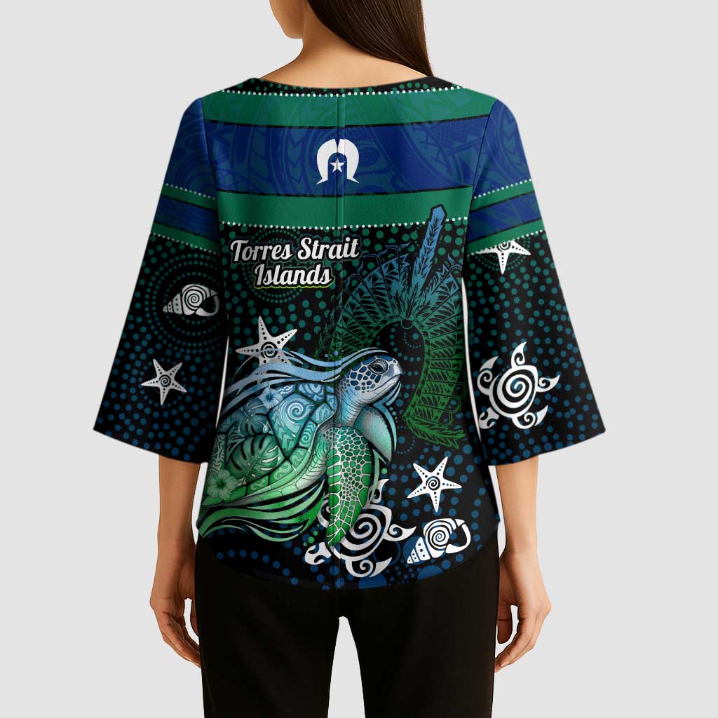 Torres Strait Islands Sea Turtle and Dhari Kimono Sleeve Blouse Oceanic Indigenous Dotwork Tribal Illustration