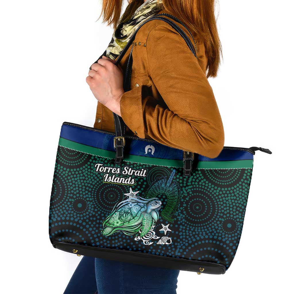 Torres Strait Islands Sea Turtle and Dhari Leather Tote Bag Oceanic Indigenous Dotwork Tribal Illustration