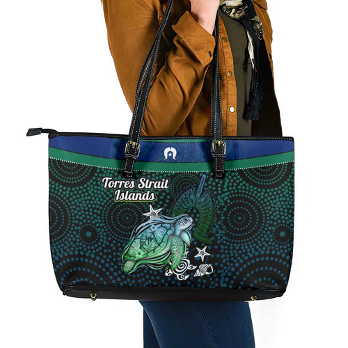 Torres Strait Islands Sea Turtle and Dhari Leather Tote Bag Oceanic Indigenous Dotwork Tribal Illustration