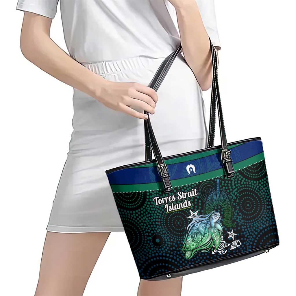 Torres Strait Islands Sea Turtle and Dhari Leather Tote Bag Oceanic Indigenous Dotwork Tribal Illustration