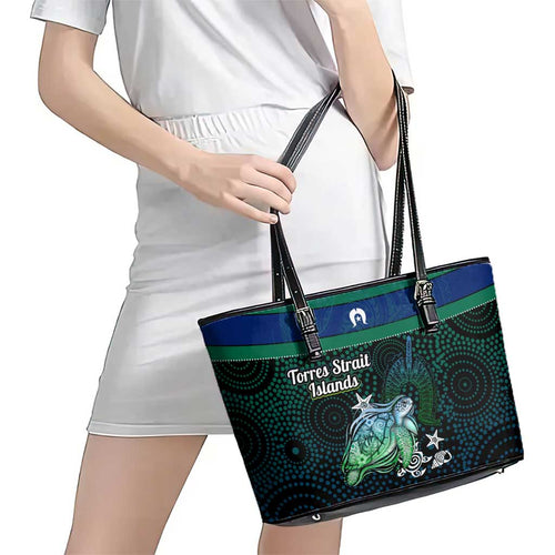 Torres Strait Islands Sea Turtle and Dhari Leather Tote Bag Oceanic Indigenous Dotwork Tribal Illustration