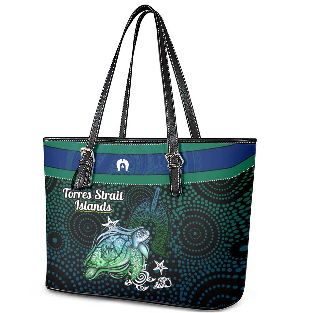 Torres Strait Islands Sea Turtle and Dhari Leather Tote Bag Oceanic Indigenous Dotwork Tribal Illustration