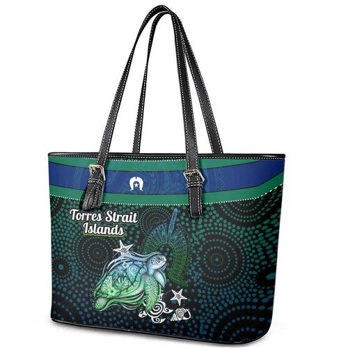 Torres Strait Islands Sea Turtle and Dhari Leather Tote Bag Oceanic Indigenous Dotwork Tribal Illustration