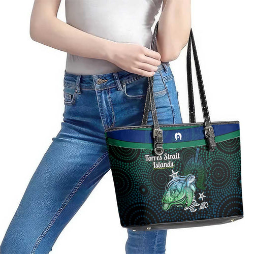 Torres Strait Islands Sea Turtle and Dhari Leather Tote Bag Oceanic Indigenous Dotwork Tribal Illustration