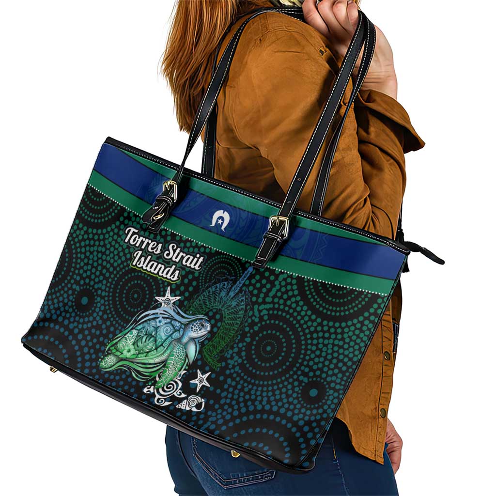 Torres Strait Islands Sea Turtle and Dhari Leather Tote Bag Oceanic Indigenous Dotwork Tribal Illustration