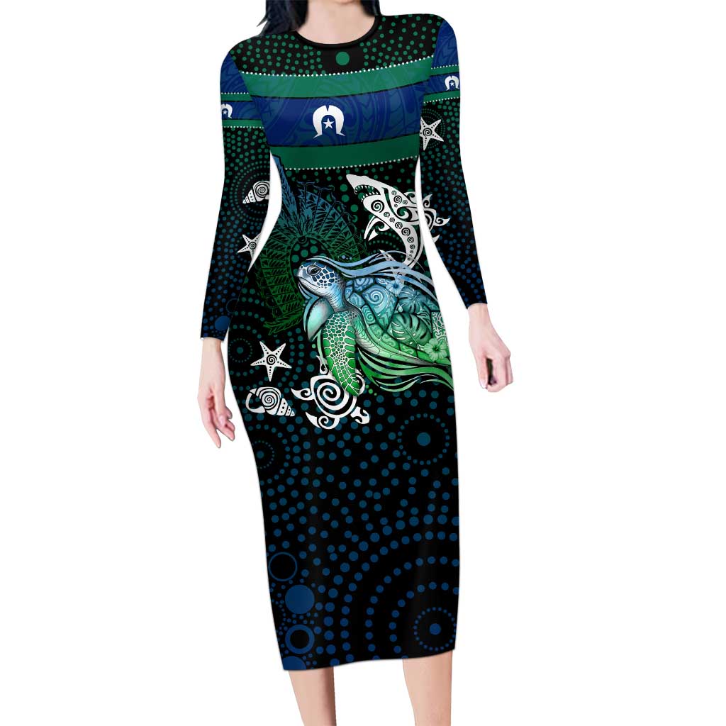 Torres Strait Islands Sea Turtle and Dhari Long Sleeve Bodycon Dress Oceanic Indigenous Dotwork Tribal Illustration