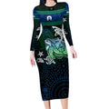 Torres Strait Islands Sea Turtle and Dhari Long Sleeve Bodycon Dress Oceanic Indigenous Dotwork Tribal Illustration
