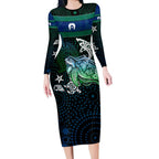 Torres Strait Islands Sea Turtle and Dhari Long Sleeve Bodycon Dress Oceanic Indigenous Dotwork Tribal Illustration