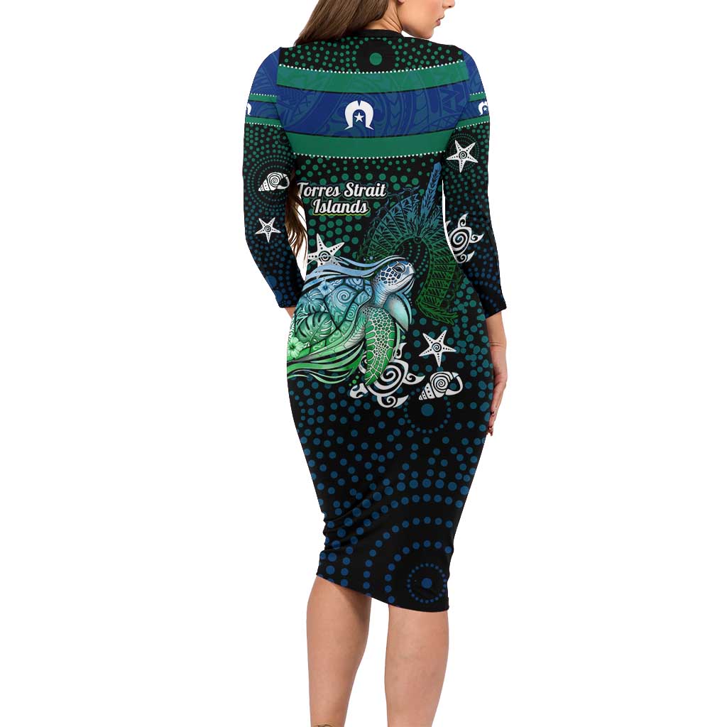 Torres Strait Islands Sea Turtle and Dhari Long Sleeve Bodycon Dress Oceanic Indigenous Dotwork Tribal Illustration