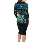 Torres Strait Islands Sea Turtle and Dhari Long Sleeve Bodycon Dress Oceanic Indigenous Dotwork Tribal Illustration