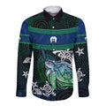 Torres Strait Islands Sea Turtle and Dhari Long Sleeve Button Shirt Oceanic Indigenous Dotwork Tribal Illustration
