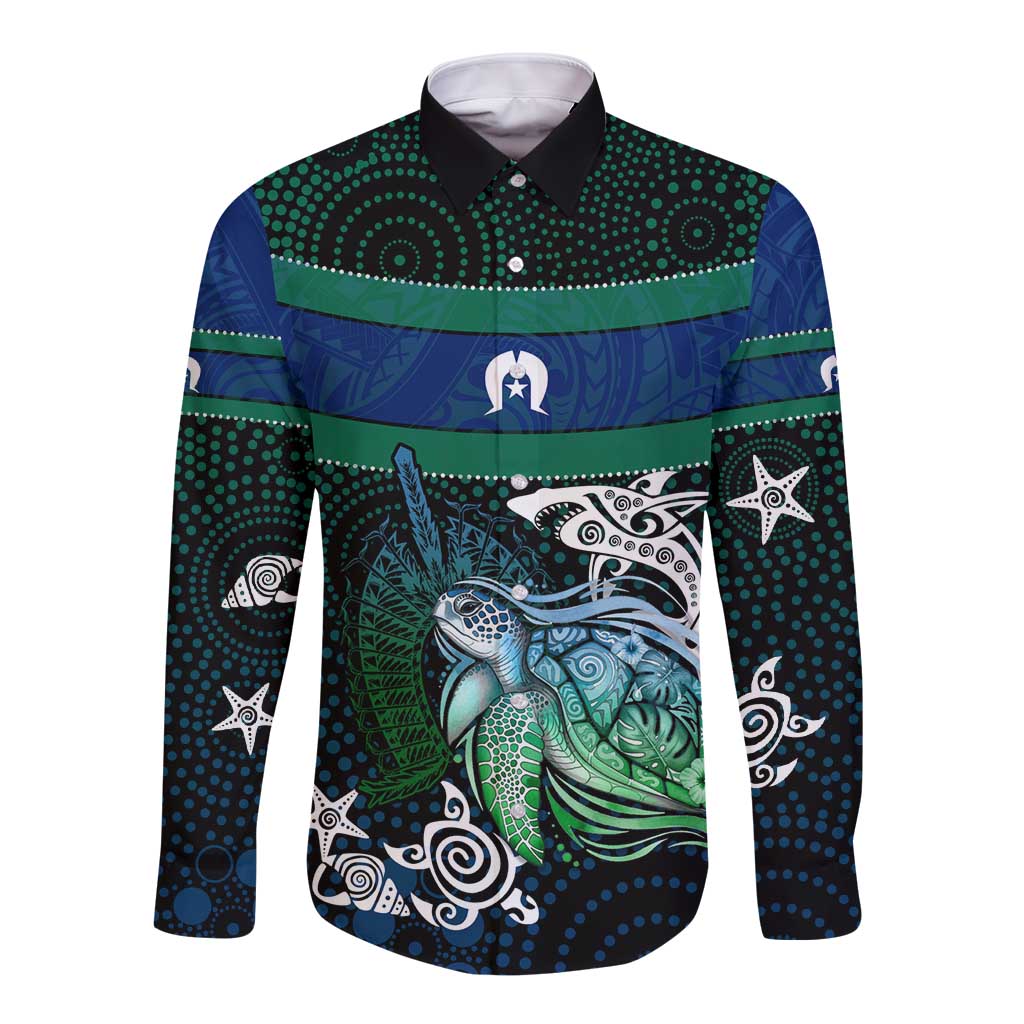 Torres Strait Islands Sea Turtle and Dhari Long Sleeve Button Shirt Oceanic Indigenous Dotwork Tribal Illustration