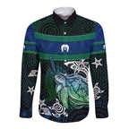 Torres Strait Islands Sea Turtle and Dhari Long Sleeve Button Shirt Oceanic Indigenous Dotwork Tribal Illustration