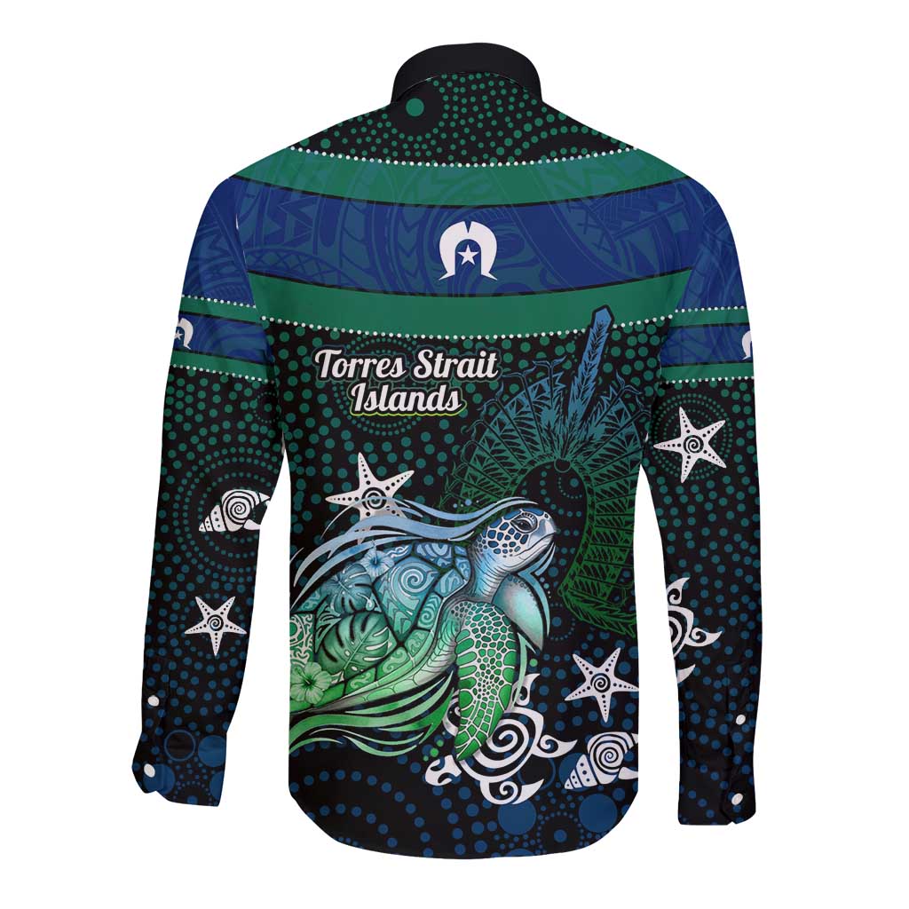 Torres Strait Islands Sea Turtle and Dhari Long Sleeve Button Shirt Oceanic Indigenous Dotwork Tribal Illustration