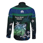 Torres Strait Islands Sea Turtle and Dhari Long Sleeve Button Shirt Oceanic Indigenous Dotwork Tribal Illustration