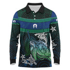 Torres Strait Islands Sea Turtle and Dhari Long Sleeve Polo Shirt Oceanic Indigenous Dotwork Tribal Illustration
