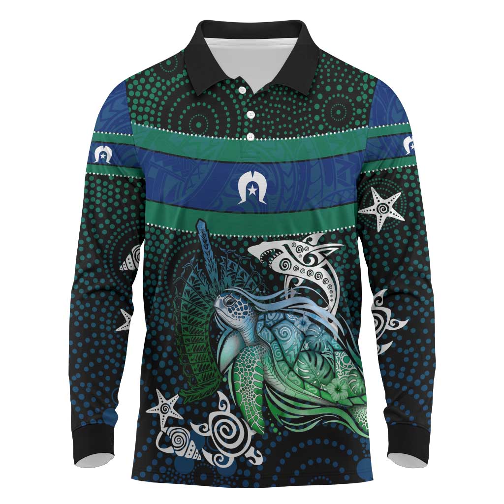 Torres Strait Islands Sea Turtle and Dhari Long Sleeve Polo Shirt Oceanic Indigenous Dotwork Tribal Illustration