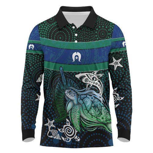 Torres Strait Islands Sea Turtle and Dhari Long Sleeve Polo Shirt Oceanic Indigenous Dotwork Tribal Illustration