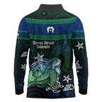 Torres Strait Islands Sea Turtle and Dhari Long Sleeve Polo Shirt Oceanic Indigenous Dotwork Tribal Illustration