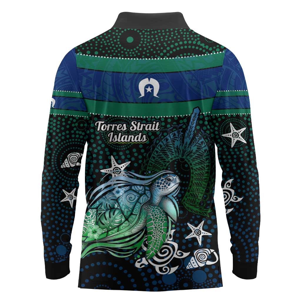 Torres Strait Islands Sea Turtle and Dhari Long Sleeve Polo Shirt Oceanic Indigenous Dotwork Tribal Illustration