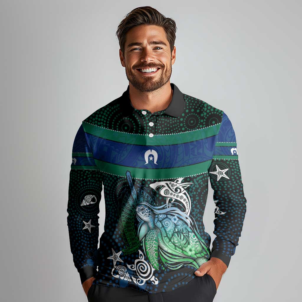 Torres Strait Islands Sea Turtle and Dhari Long Sleeve Polo Shirt Oceanic Indigenous Dotwork Tribal Illustration
