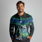 Torres Strait Islands Sea Turtle and Dhari Long Sleeve Polo Shirt Oceanic Indigenous Dotwork Tribal Illustration