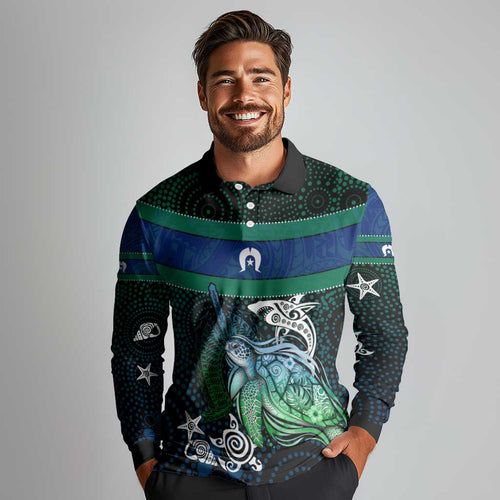 Torres Strait Islands Sea Turtle and Dhari Long Sleeve Polo Shirt Oceanic Indigenous Dotwork Tribal Illustration