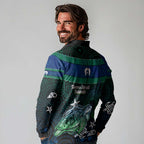 Torres Strait Islands Sea Turtle and Dhari Long Sleeve Polo Shirt Oceanic Indigenous Dotwork Tribal Illustration
