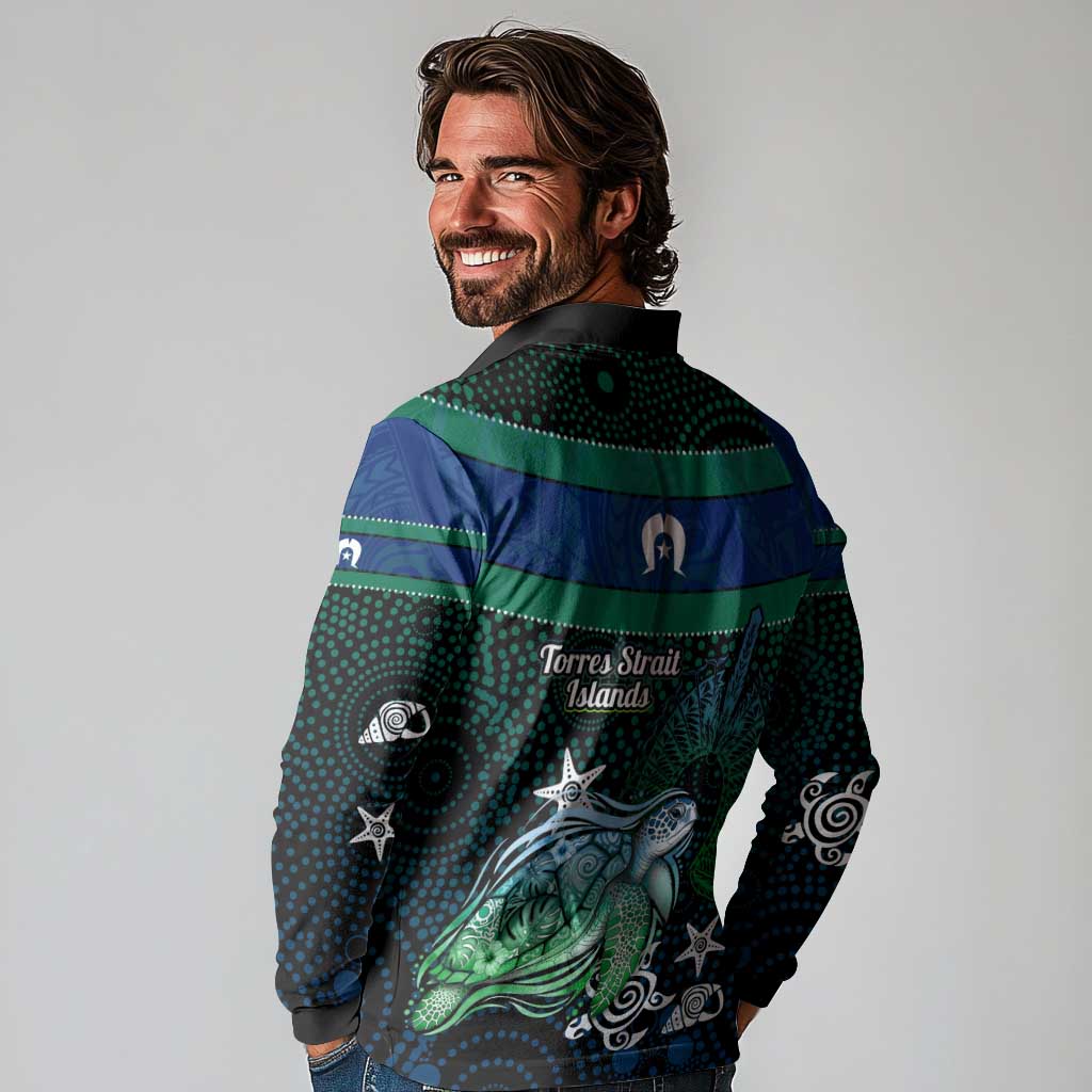 Torres Strait Islands Sea Turtle and Dhari Long Sleeve Polo Shirt Oceanic Indigenous Dotwork Tribal Illustration