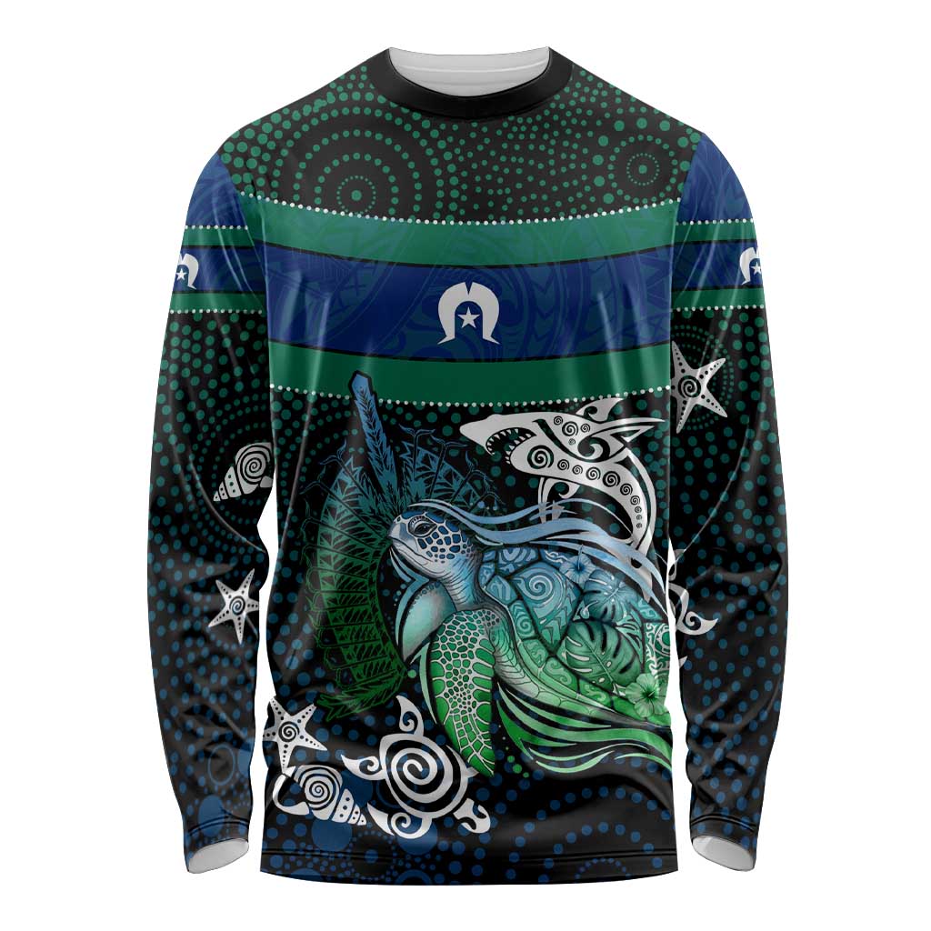 Torres Strait Islands Sea Turtle and Dhari Long Sleeve Shirt Oceanic Indigenous Dotwork Tribal Illustration