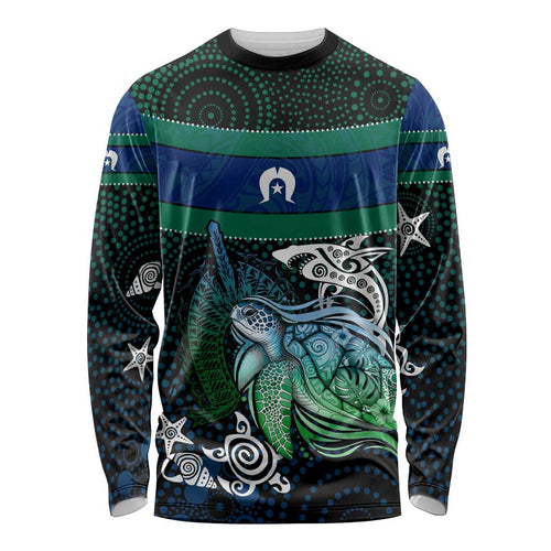 Torres Strait Islands Sea Turtle and Dhari Long Sleeve Shirt Oceanic Indigenous Dotwork Tribal Illustration