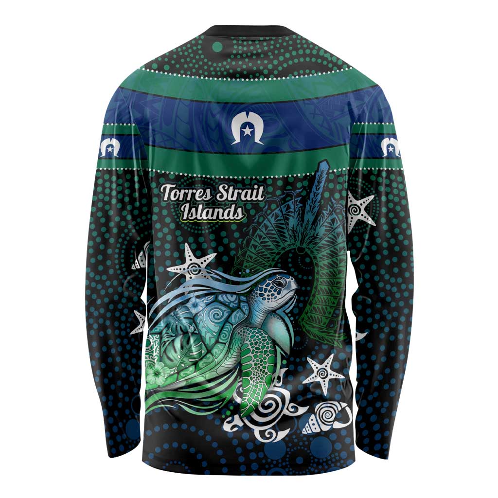Torres Strait Islands Sea Turtle and Dhari Long Sleeve Shirt Oceanic Indigenous Dotwork Tribal Illustration