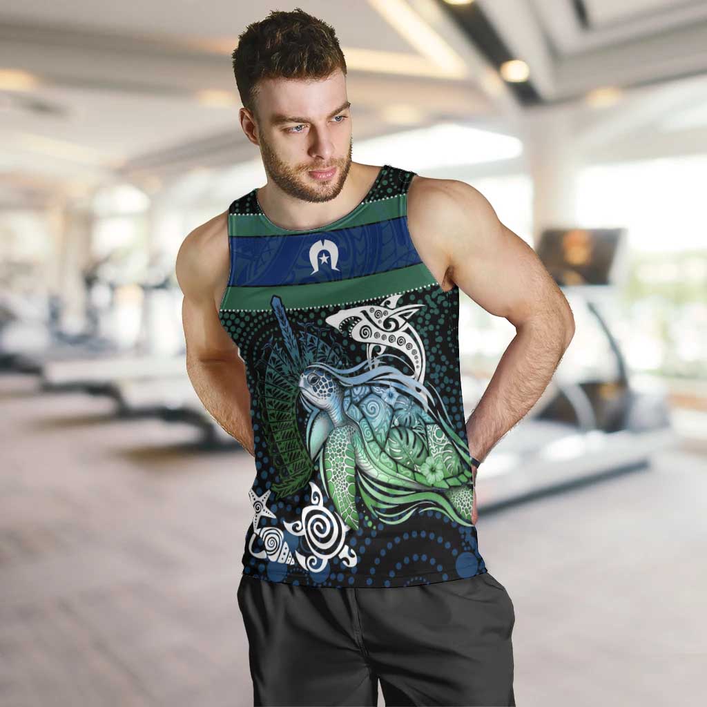 Torres Strait Islands Sea Turtle and Dhari Men Tank Top Oceanic Indigenous Dotwork Tribal Illustration