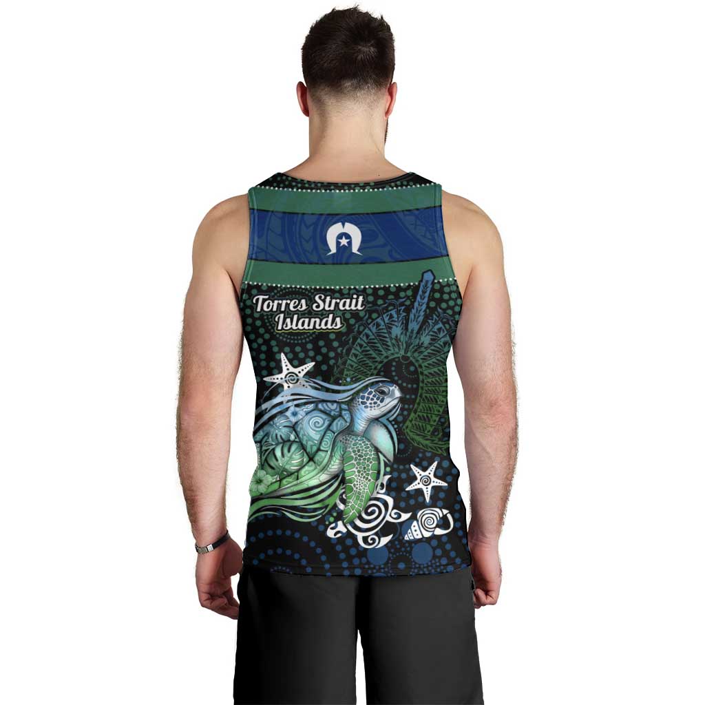Torres Strait Islands Sea Turtle and Dhari Men Tank Top Oceanic Indigenous Dotwork Tribal Illustration